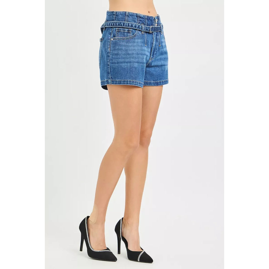 RISEN Double Button Slouchy Denim Shorts with Belt Apparel and Accessories