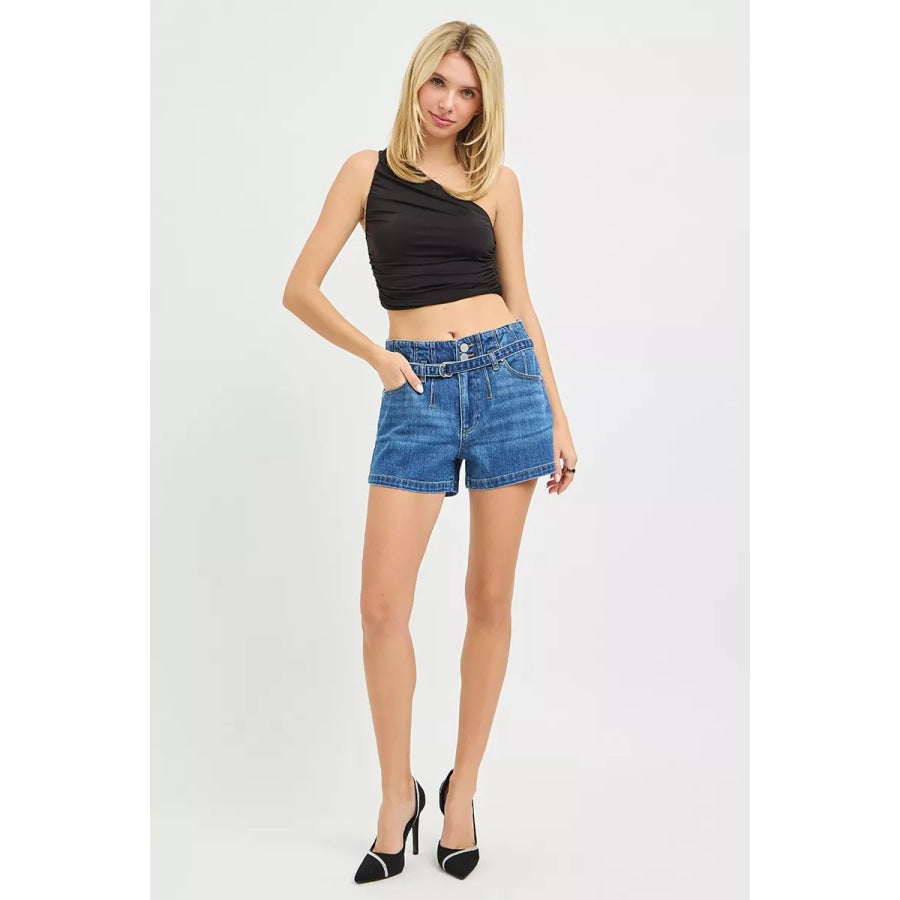 RISEN Double Button Slouchy Denim Shorts with Belt Apparel and Accessories
