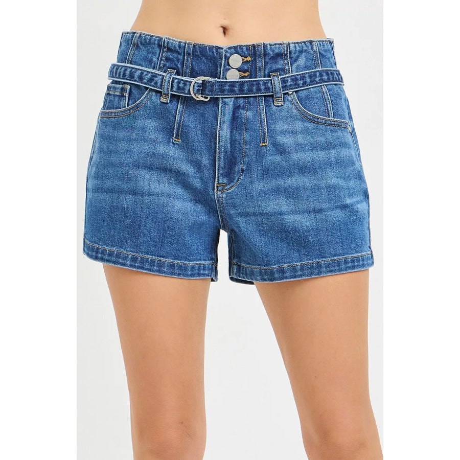 RISEN Double Button Slouchy Denim Shorts with Belt DARK / S Apparel and Accessories