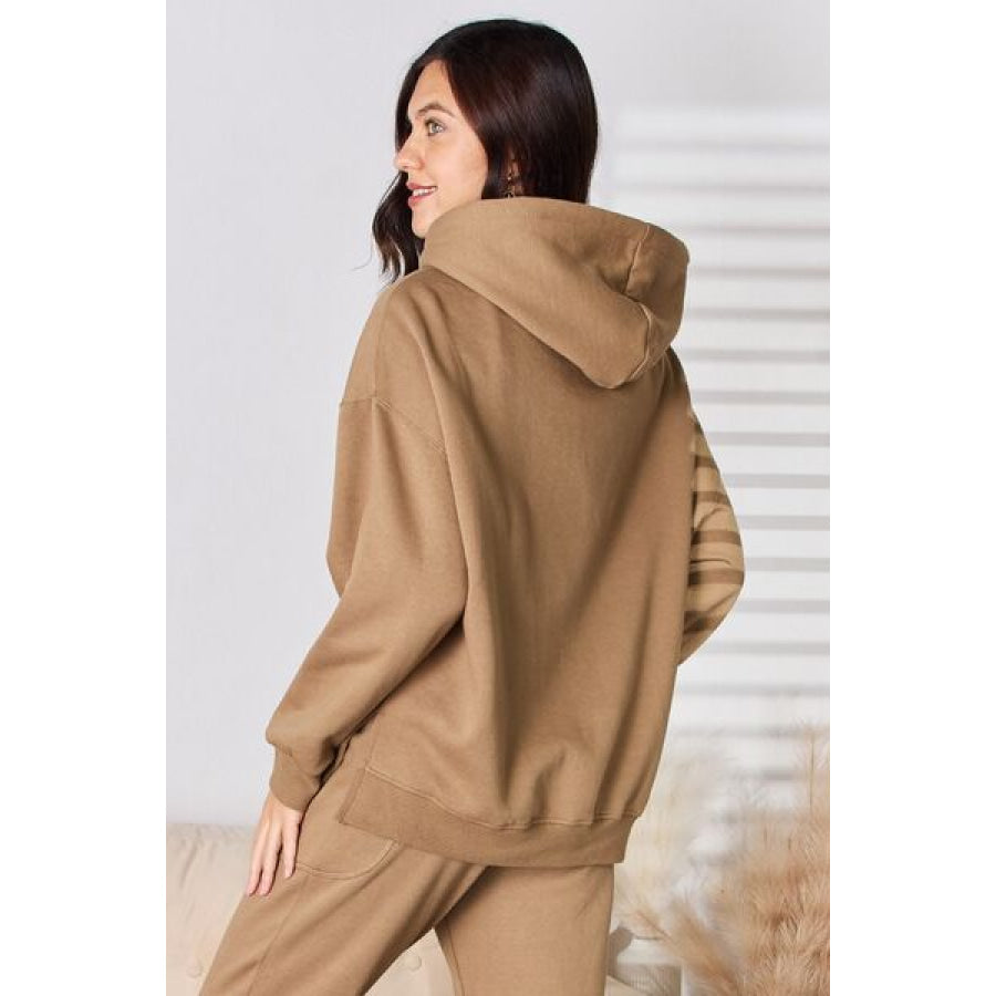 RISEN Drawstring Drop Shoulder Long Sleeve Hoodie Mocha / S Apparel and Accessories