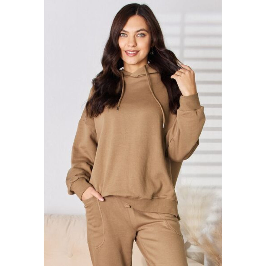 RISEN Drawstring Drop Shoulder Long Sleeve Hoodie Mocha / S Apparel and Accessories