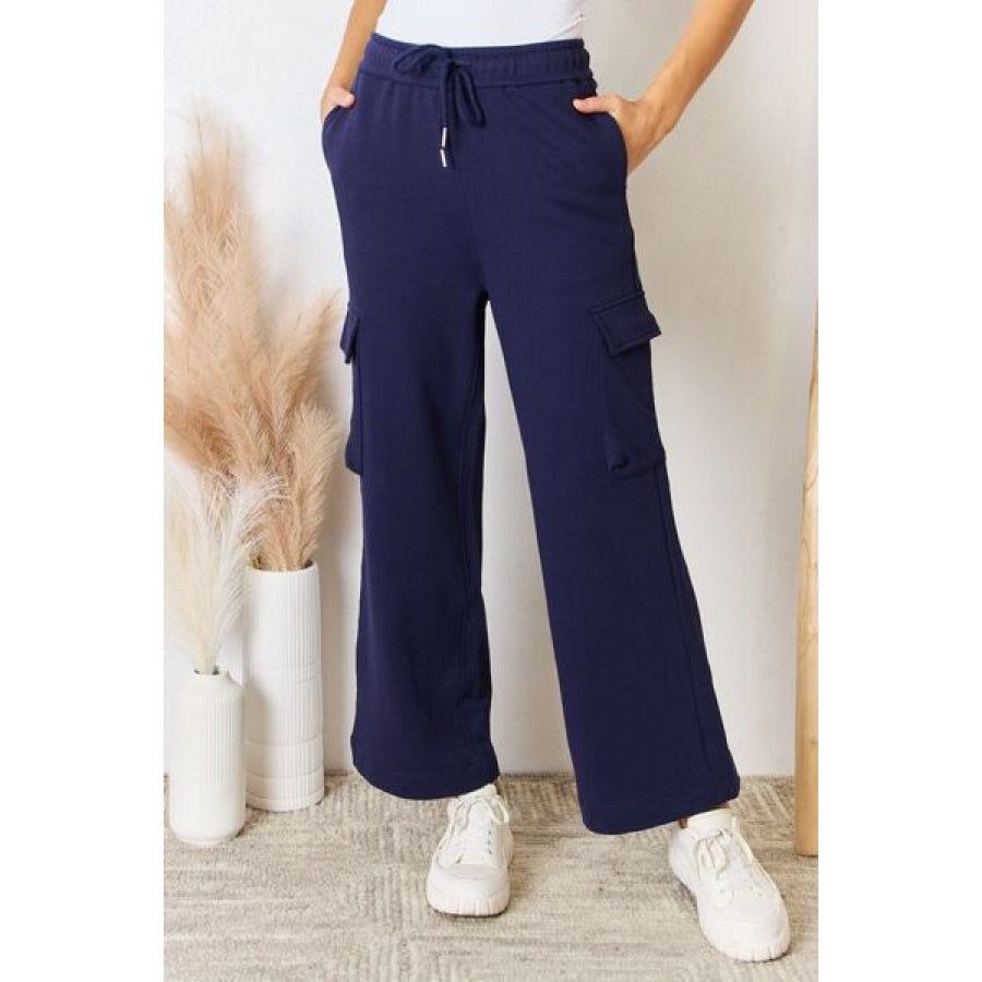 RISEN Drawstring Relaxed Cargo Wide Leg Pants Navy / S Apparel and Accessories