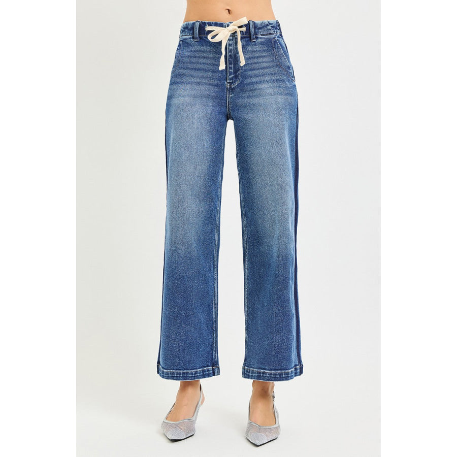 RISEN Elastic Band High Rise Cropped Wide Jeans Apparel and Accessories