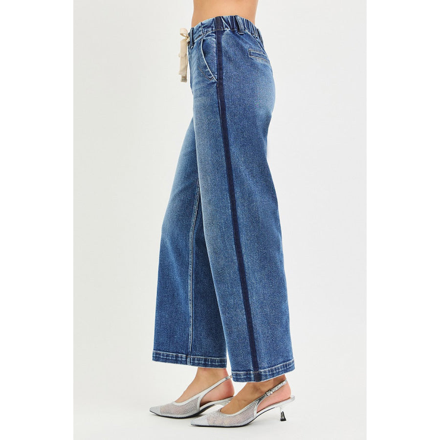 RISEN Elastic Band High Rise Cropped Wide Jeans Apparel and Accessories