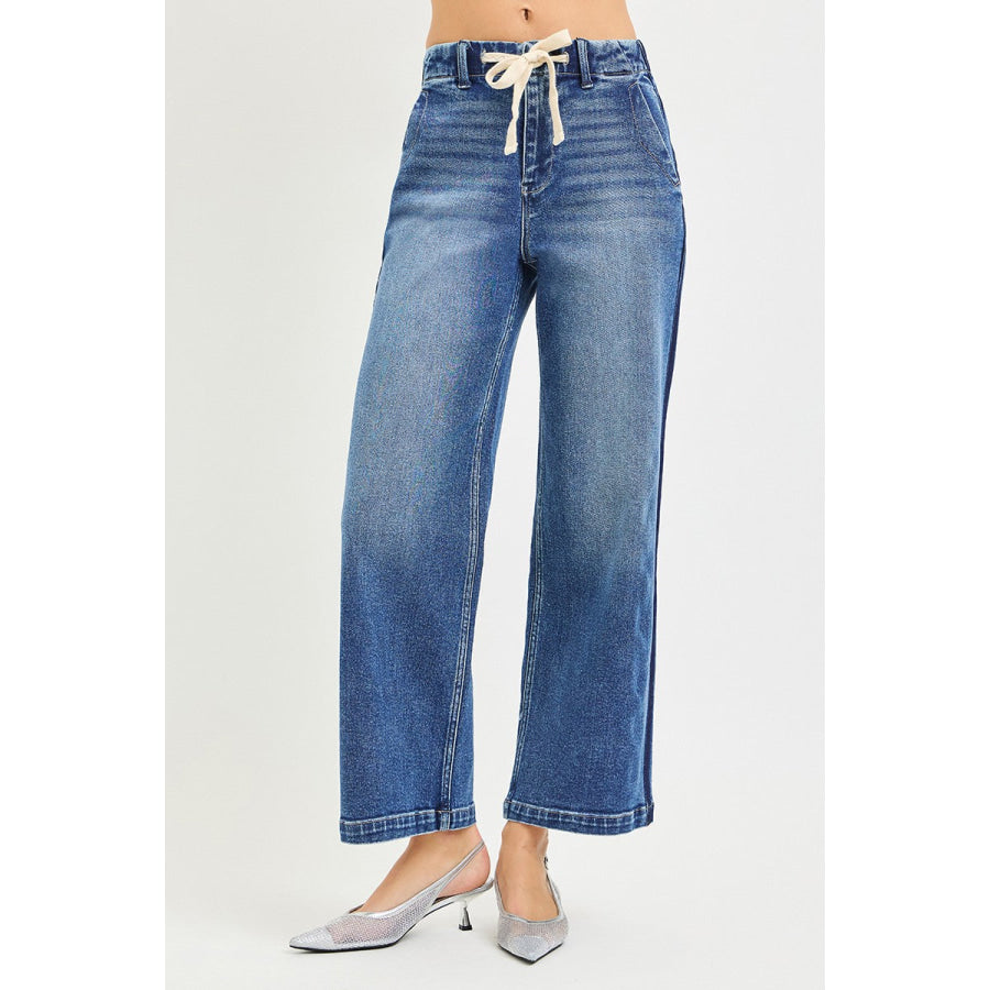 RISEN Elastic Band High Rise Cropped Wide Jeans Apparel and Accessories