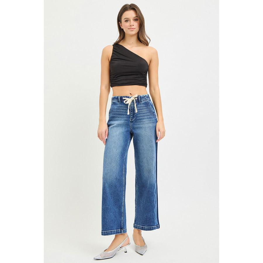 RISEN Elastic Band High Rise Cropped Wide Jeans Apparel and Accessories