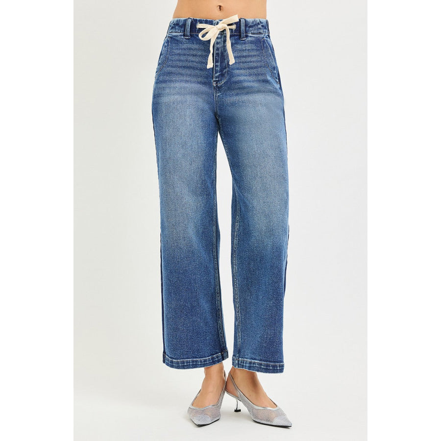 RISEN Elastic Band High Rise Cropped Wide Jeans MEDIUM / Apparel and Accessories