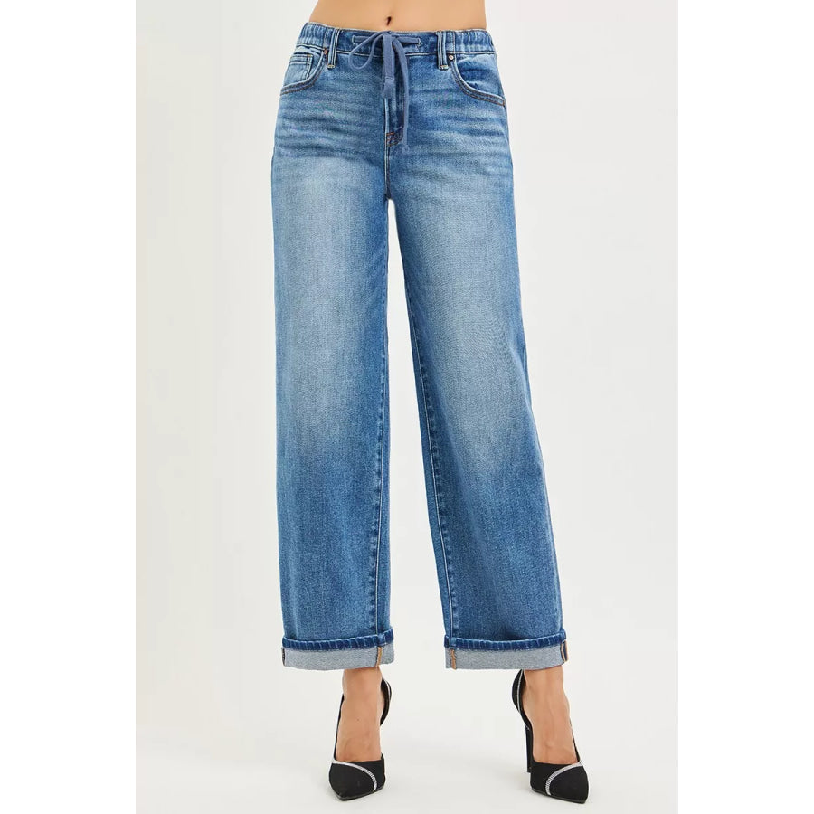 RISEN Elastic Band Slouch Ankle Boyfriend Cuffed Hem Jeans Apparel and Accessories