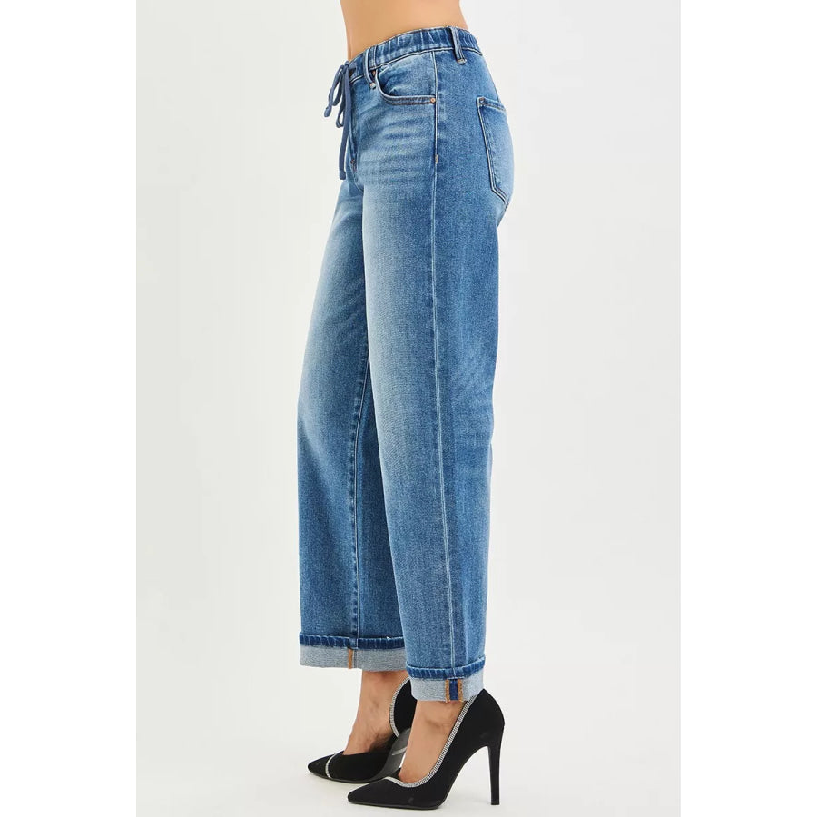 RISEN Elastic Band Slouch Ankle Boyfriend Cuffed Hem Jeans Apparel and Accessories