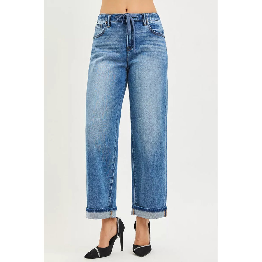 RISEN Elastic Band Slouch Ankle Boyfriend Cuffed Hem Jeans Apparel and Accessories