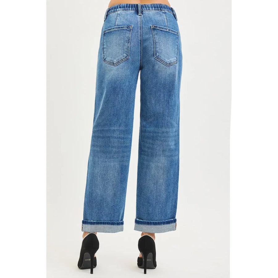 RISEN Elastic Band Slouch Ankle Boyfriend Cuffed Hem Jeans Apparel and Accessories