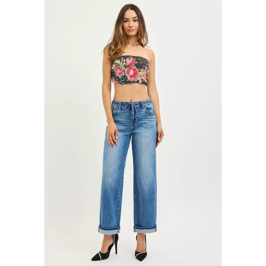 RISEN Elastic Band Slouch Ankle Boyfriend Cuffed Hem Jeans Apparel and Accessories