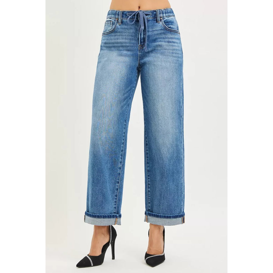 RISEN Elastic Band Slouch Ankle Boyfriend Cuffed Hem Jeans MEDIUM / Apparel and Accessories