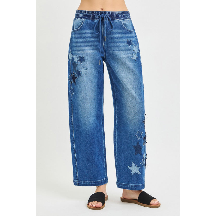 RISEN Elastic Band Slouchy Cropped Barrel with Star Patch Apparel and Accessories
