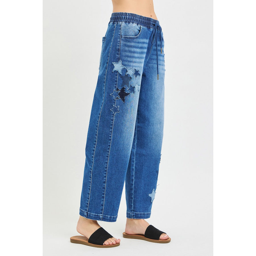 RISEN Elastic Band Slouchy Cropped Barrel with Star Patch Apparel and Accessories