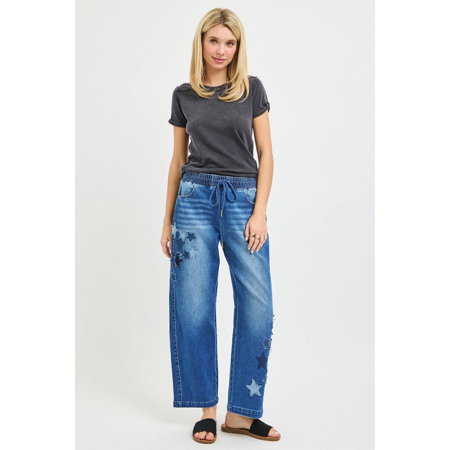 RISEN Elastic Band Slouchy Cropped Barrel with Star Patch Apparel and Accessories