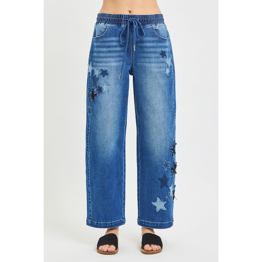 RISEN Elastic Band Slouchy Cropped Barrel with Star Patch Apparel and Accessories