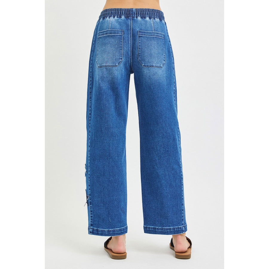 RISEN Elastic Band Slouchy Cropped Barrel with Star Patch Apparel and Accessories