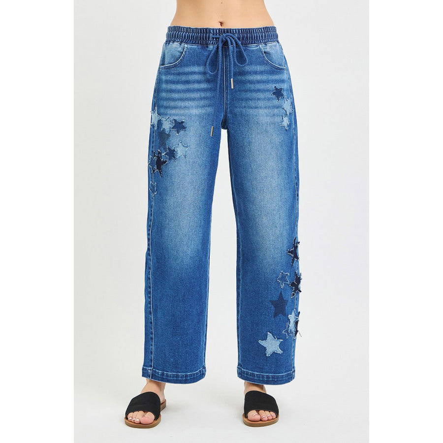 RISEN Elastic Band Slouchy Cropped Barrel with Star Patch DARK / S Apparel and Accessories