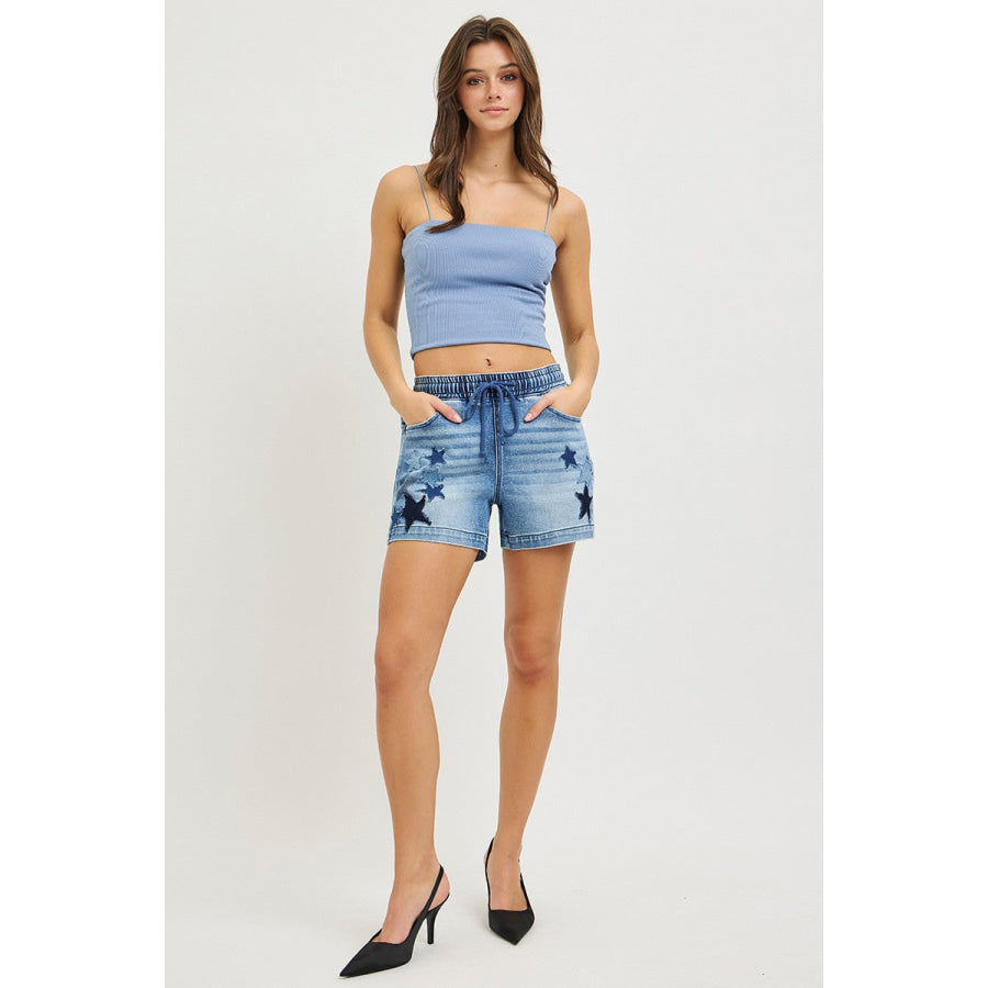 RISEN Elastic Band Slouchy Denim Shorts with Star Patched Details Apparel and Accessories