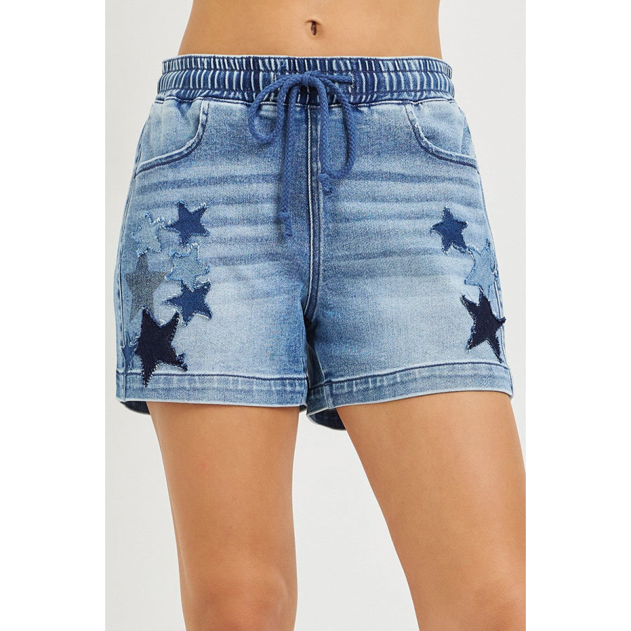 RISEN Elastic Band Slouchy Denim Shorts with Star Patched Details Apparel and Accessories