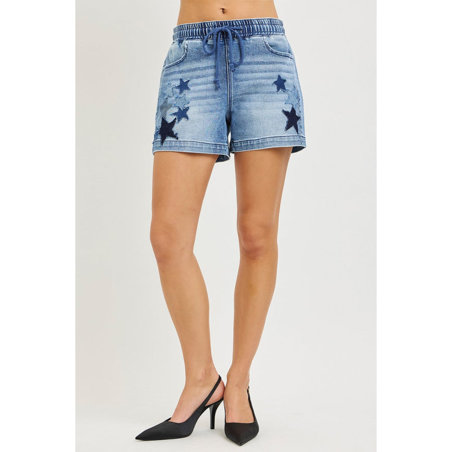 RISEN Elastic Band Slouchy Denim Shorts with Star Patched Details Apparel and Accessories