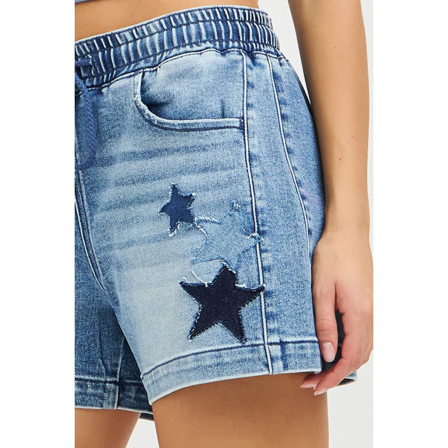 RISEN Elastic Band Slouchy Denim Shorts with Star Patched Details Apparel and Accessories
