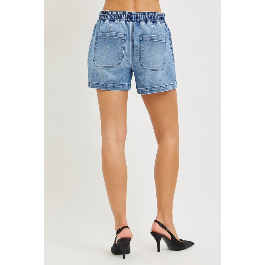 RISEN Elastic Band Slouchy Denim Shorts with Star Patched Details Apparel and Accessories