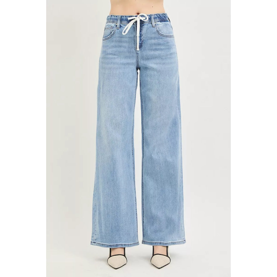 RISEN Elastic Band Slouchy Wide Jeans with Drawstring Apparel and Accessories