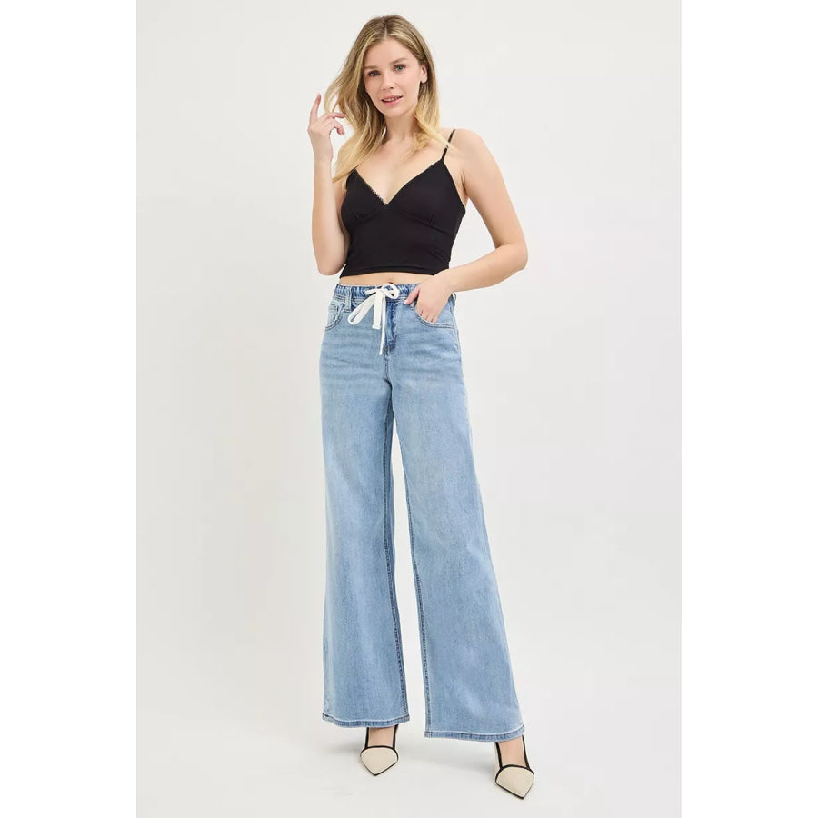 RISEN Elastic Band Slouchy Wide Jeans with Drawstring Apparel and Accessories