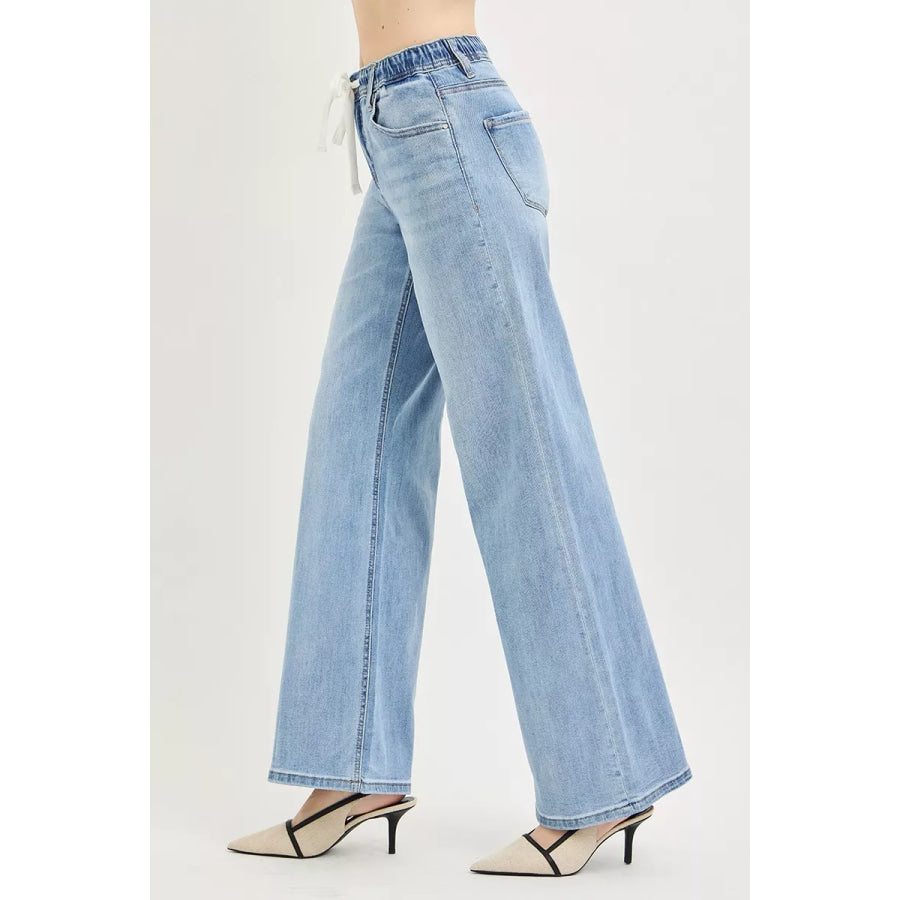 RISEN Elastic Band Slouchy Wide Jeans with Drawstring Apparel and Accessories