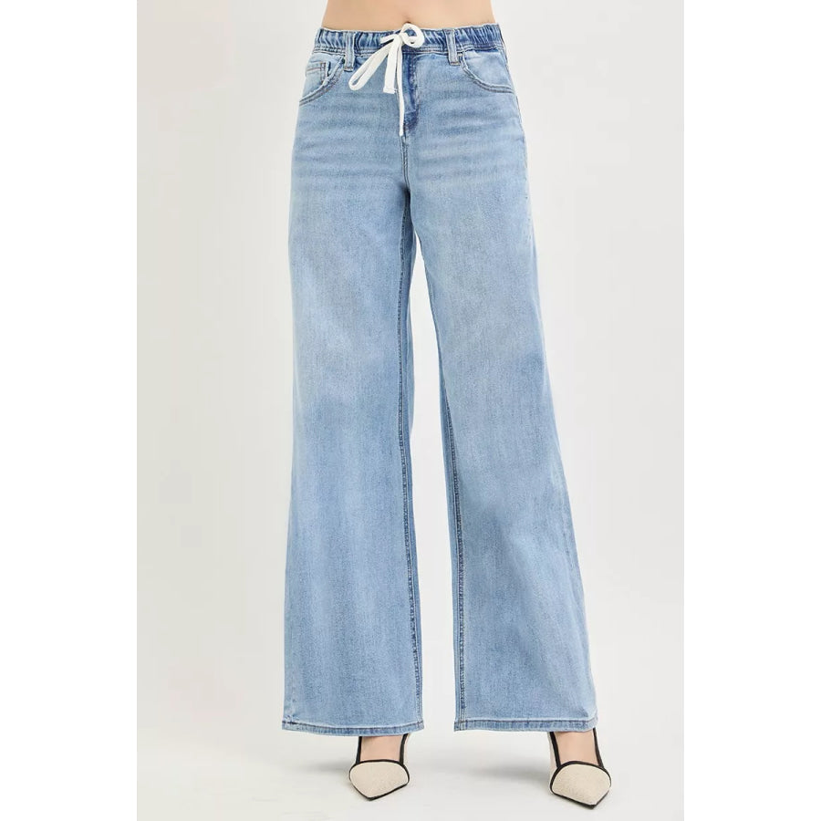 RISEN Elastic Band Slouchy Wide Jeans with Drawstring Apparel and Accessories