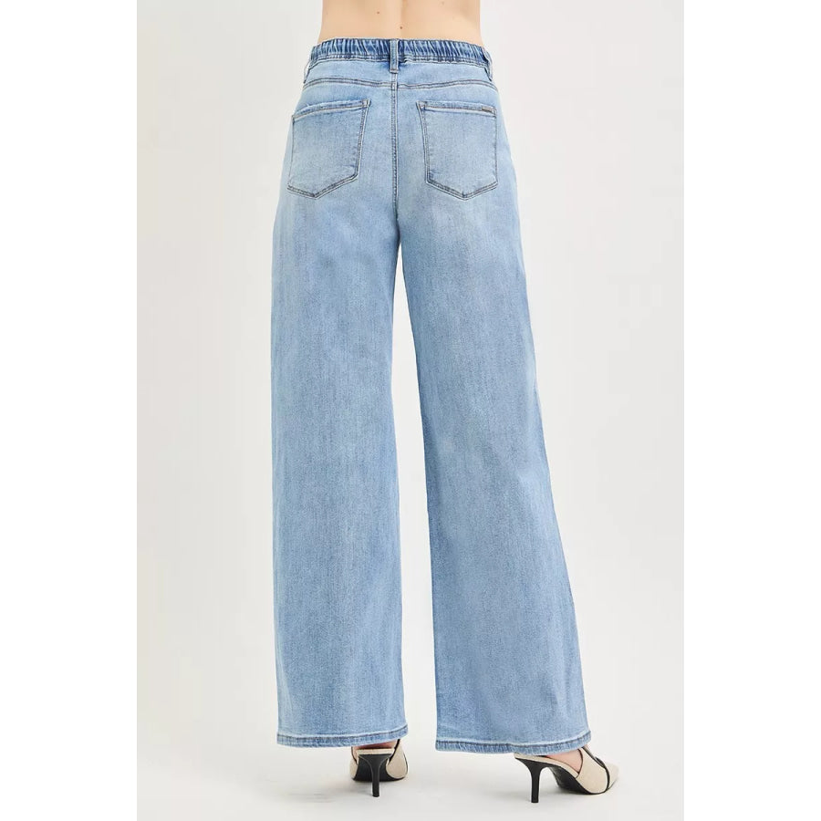 RISEN Elastic Band Slouchy Wide Jeans with Drawstring Apparel and Accessories