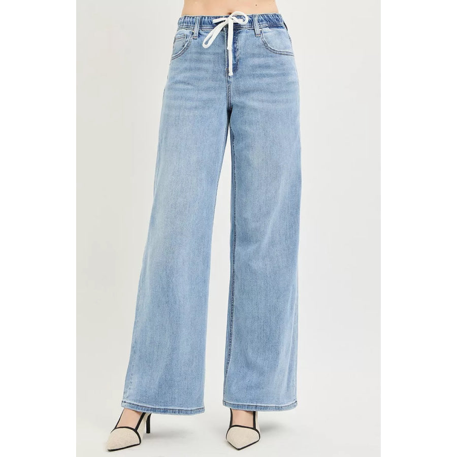 RISEN Elastic Band Slouchy Wide Jeans with Drawstring Light / Apparel and Accessories