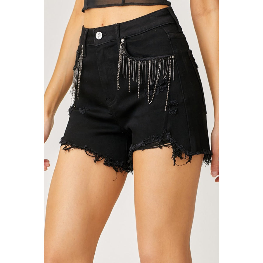 RISEN Frayed Hem Denim Shorts with Fringe Detail Pockets Black / S Apparel and Accessories