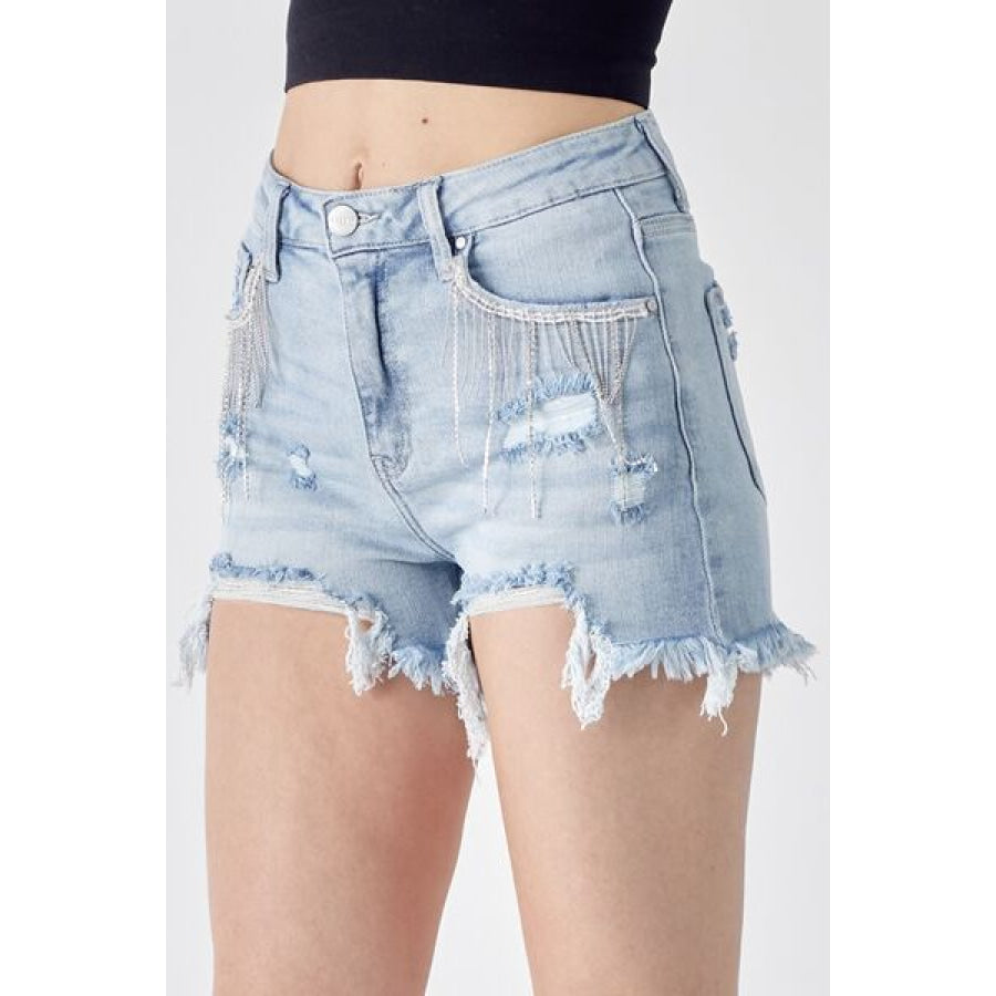 RISEN Frayed Hem Denim Shorts with Fringe Detail Pockets LIGHT / S Apparel and Accessories