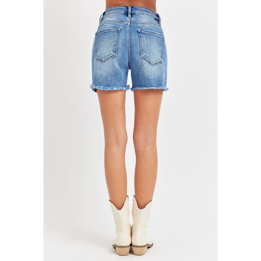 RISEN Front Slit Raw Hem Denim Shorts Apparel and Accessories