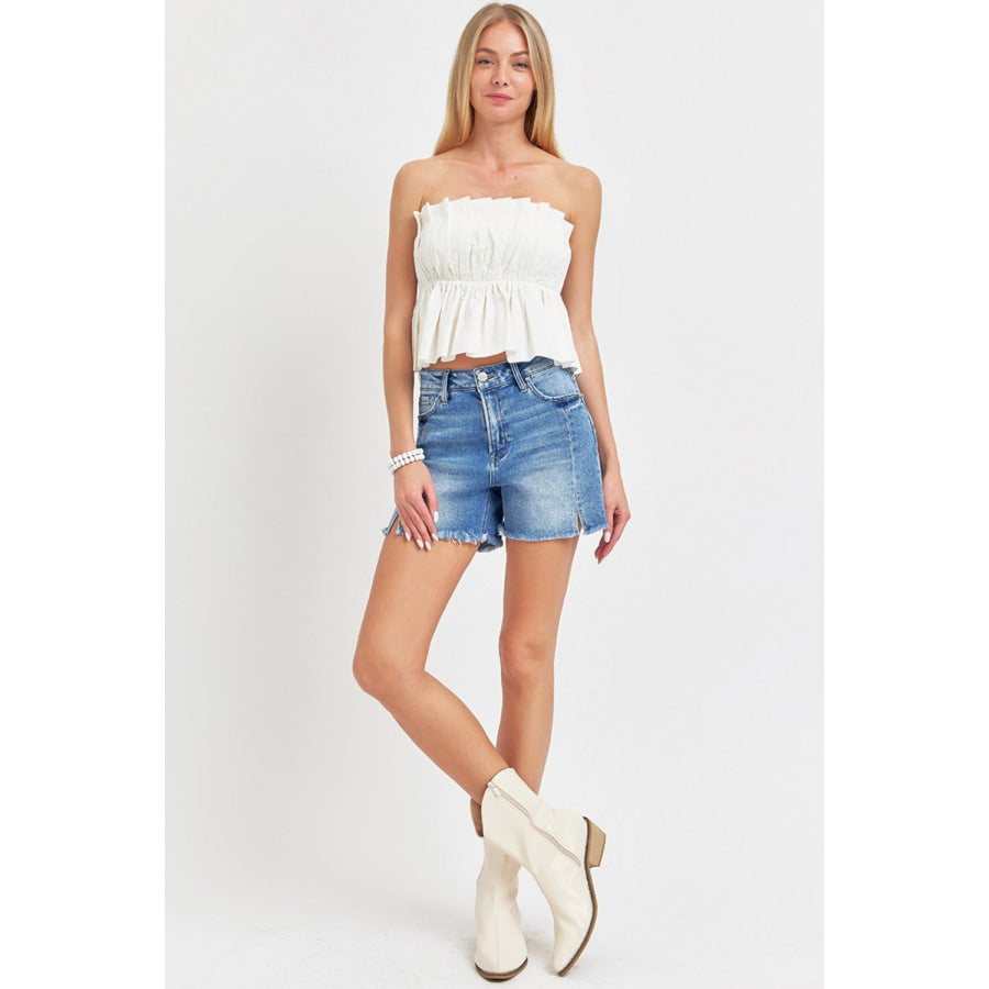 RISEN Front Slit Raw Hem Denim Shorts Apparel and Accessories