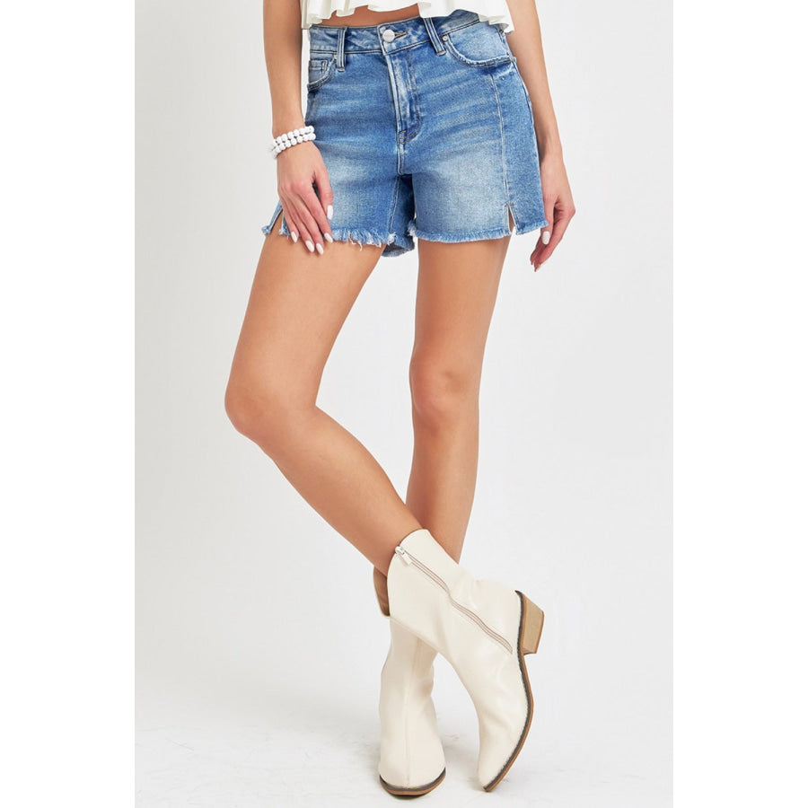 RISEN Front Slit Raw Hem Denim Shorts Apparel and Accessories