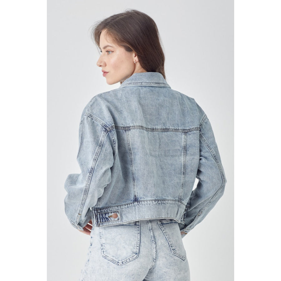 RISEN Full Size Button Down Cropped Denim Jacket Apparel and Accessories