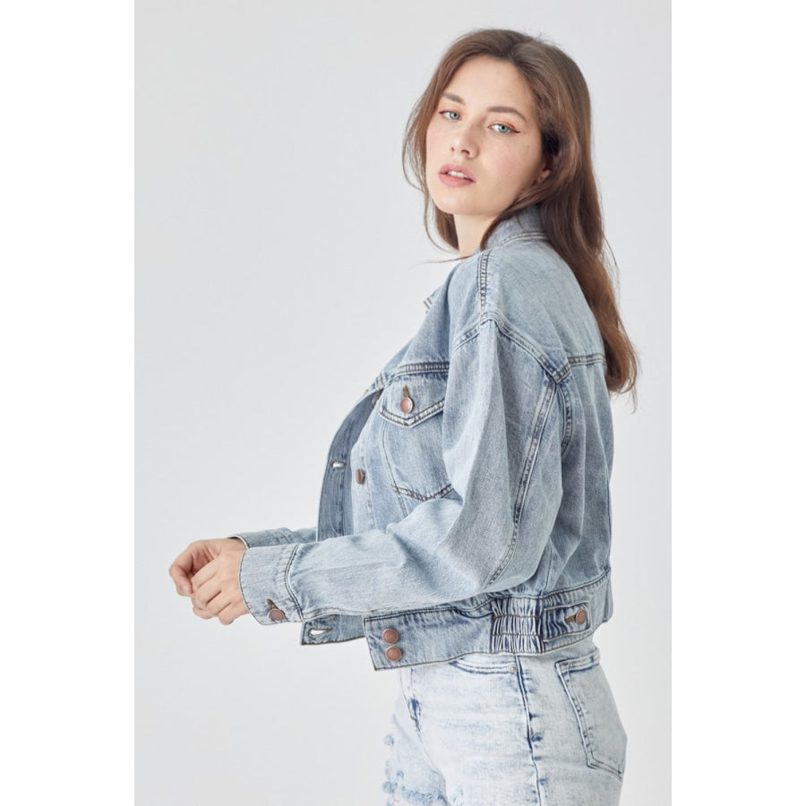 RISEN Full Size Button Down Cropped Denim Jacket Apparel and Accessories