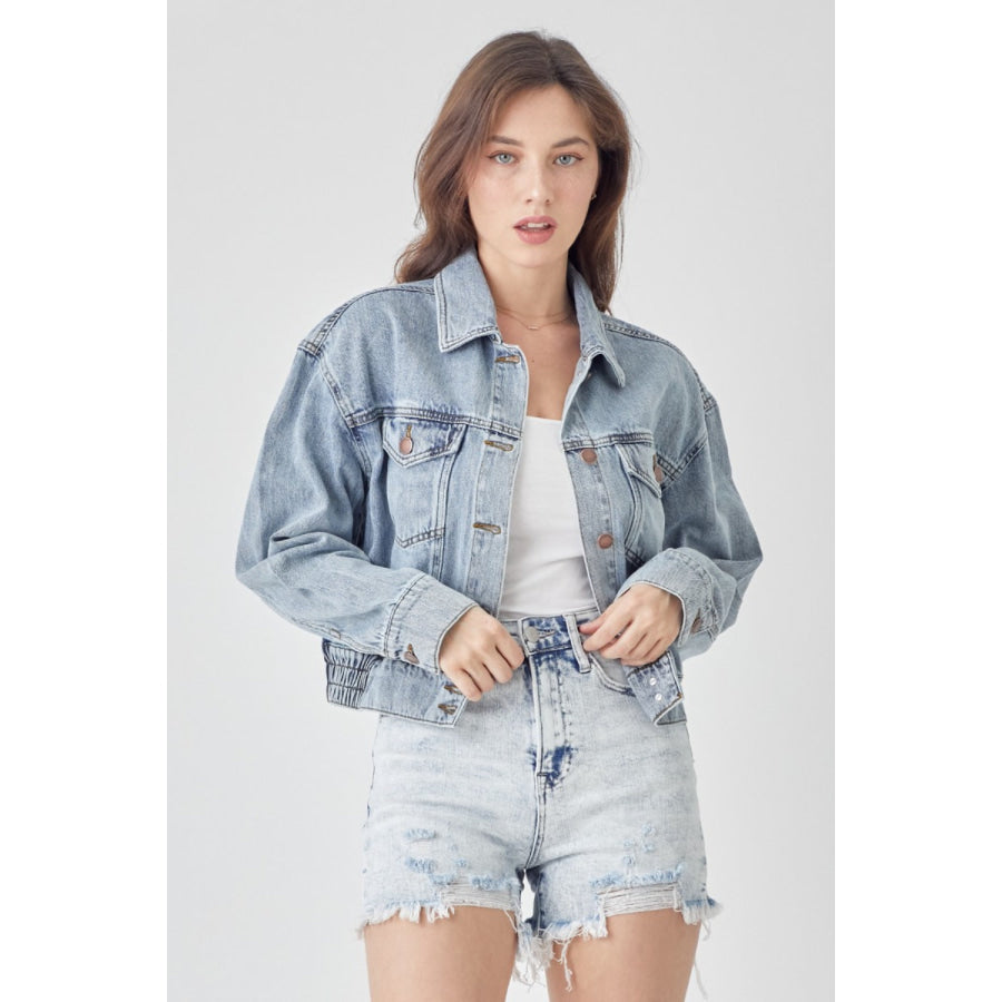 RISEN Full Size Button Down Cropped Denim Jacket Apparel and Accessories