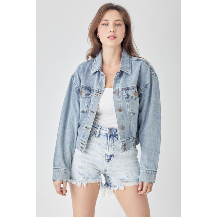 RISEN Full Size Button Down Cropped Denim Jacket Light / S Apparel and Accessories