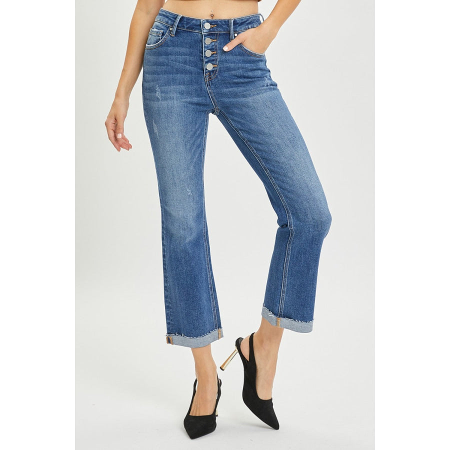 RISEN Full Size Button Fly Cropped Bootcut Jeans Apparel and Accessories