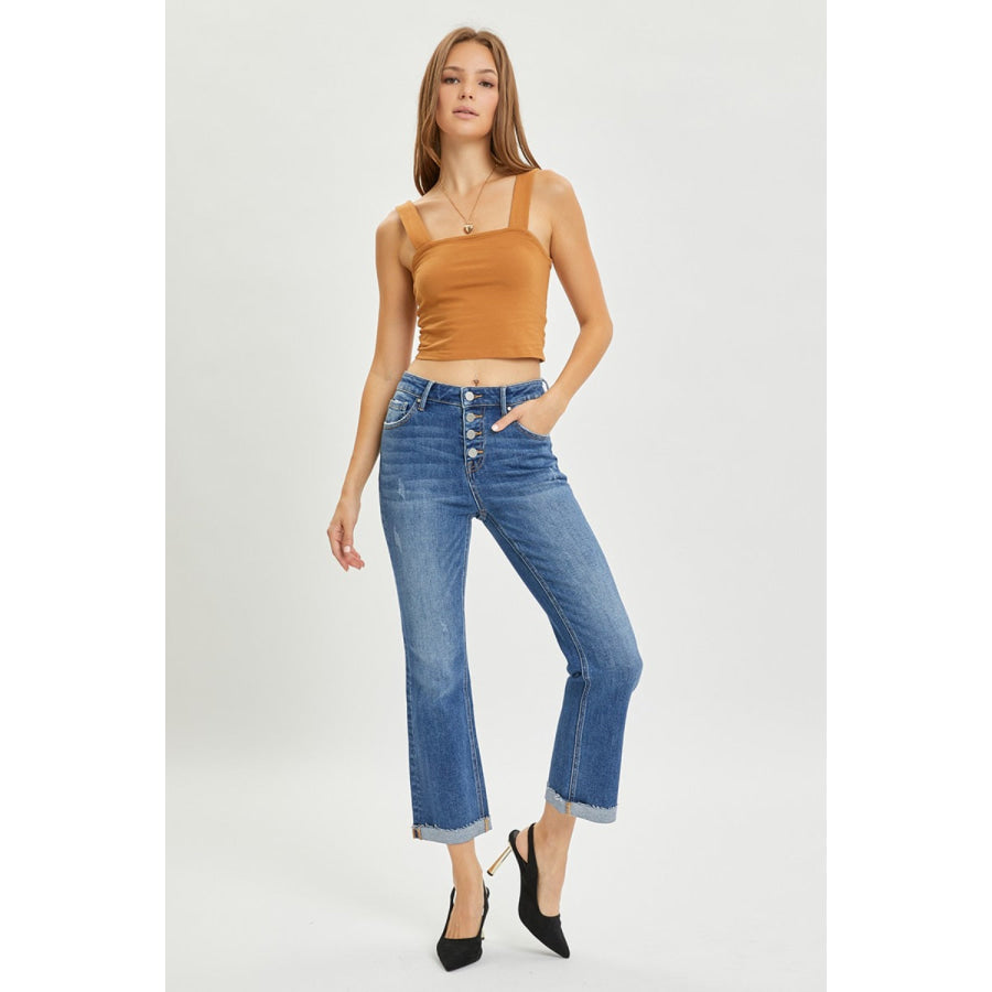 RISEN Full Size Button Fly Cropped Bootcut Jeans Apparel and Accessories