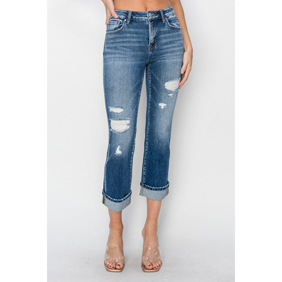 RISEN Full Size Cuffed Ankle Distressed Straight Jeans Apparel and Accessories