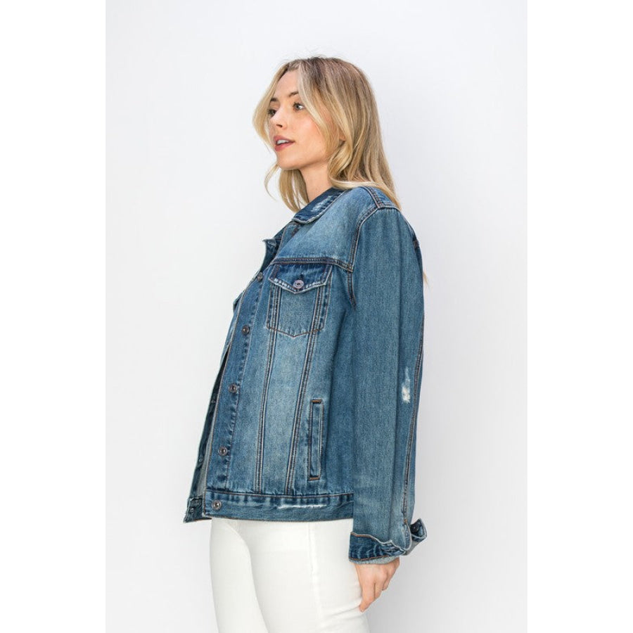 RISEN Full Size Distressed Button Up Jacket Apparel and Accessories