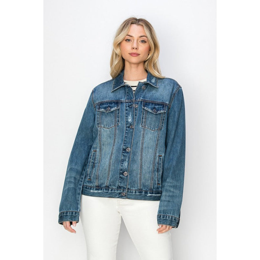 RISEN Full Size Distressed Button Up Jacket Apparel and Accessories