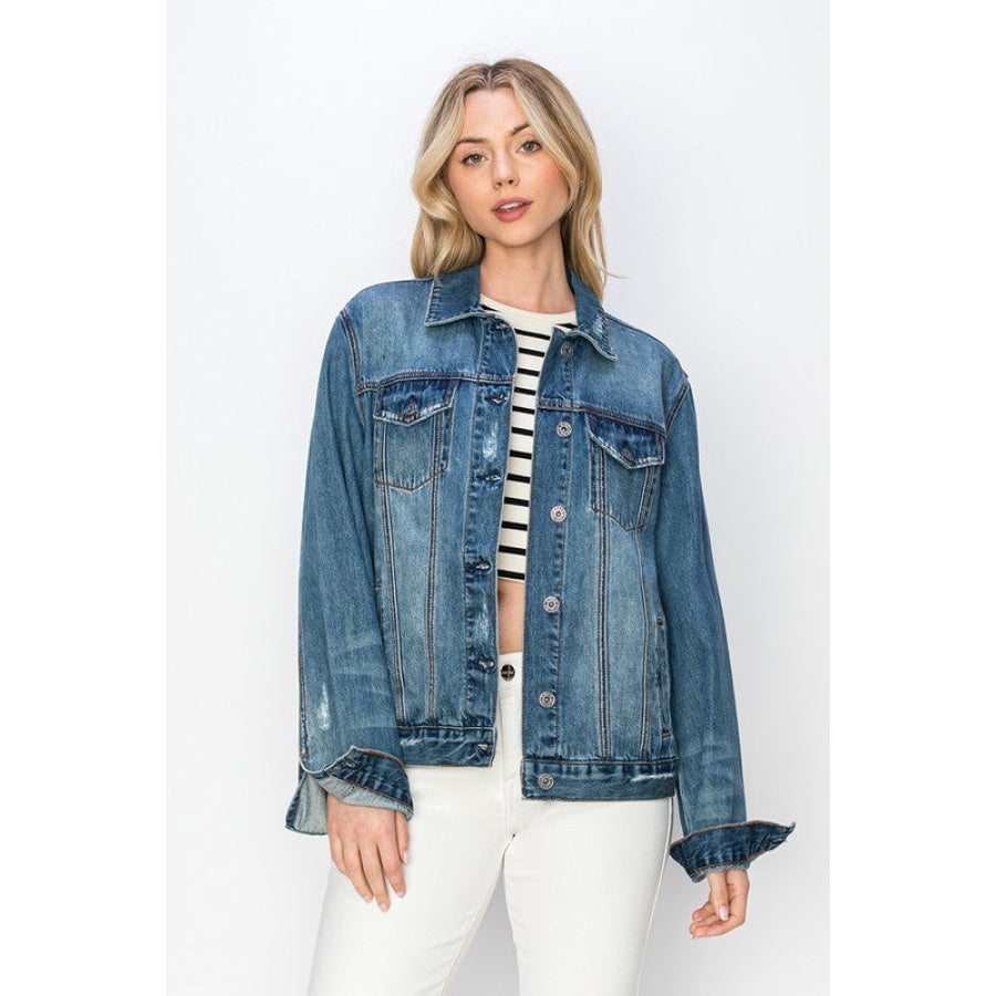 RISEN Full Size Distressed Button Up Jacket Apparel and Accessories