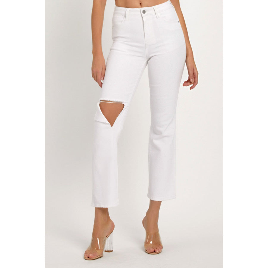 RISEN Full Size Distressed Cropped Straight Jeans White / 0(24) Apparel and Accessories